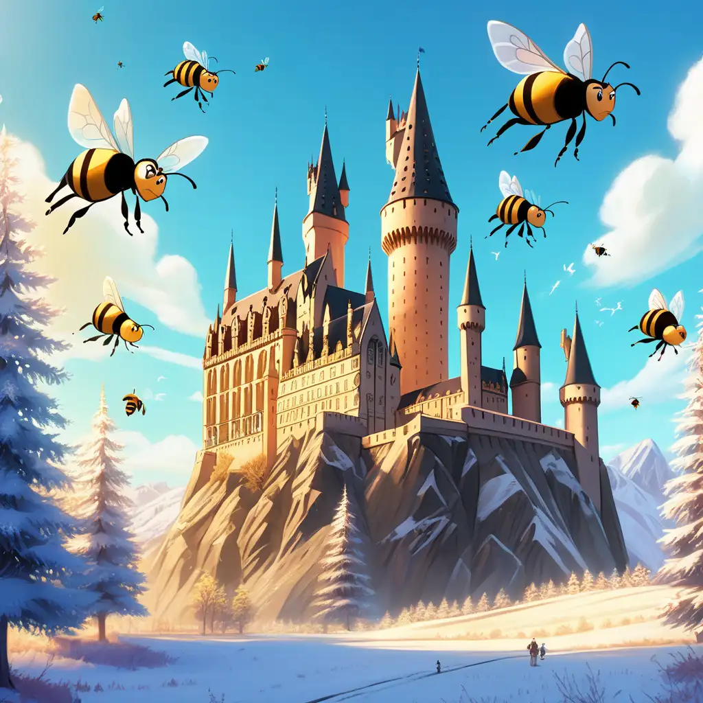 Sunny day, Hogwarts castle in winter, Draco Malfoy, , Hermione Granger, standing back to back, with bees flying over their heads, in a Disney style animation