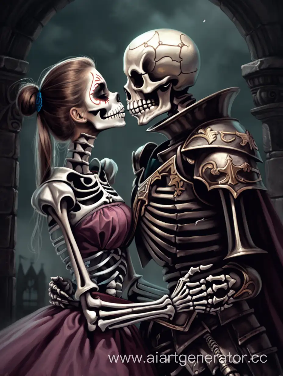 Romantic-Encounter-Skeleton-Knight-and-Girl-Embrace-in-Mysterious-Atmosphere