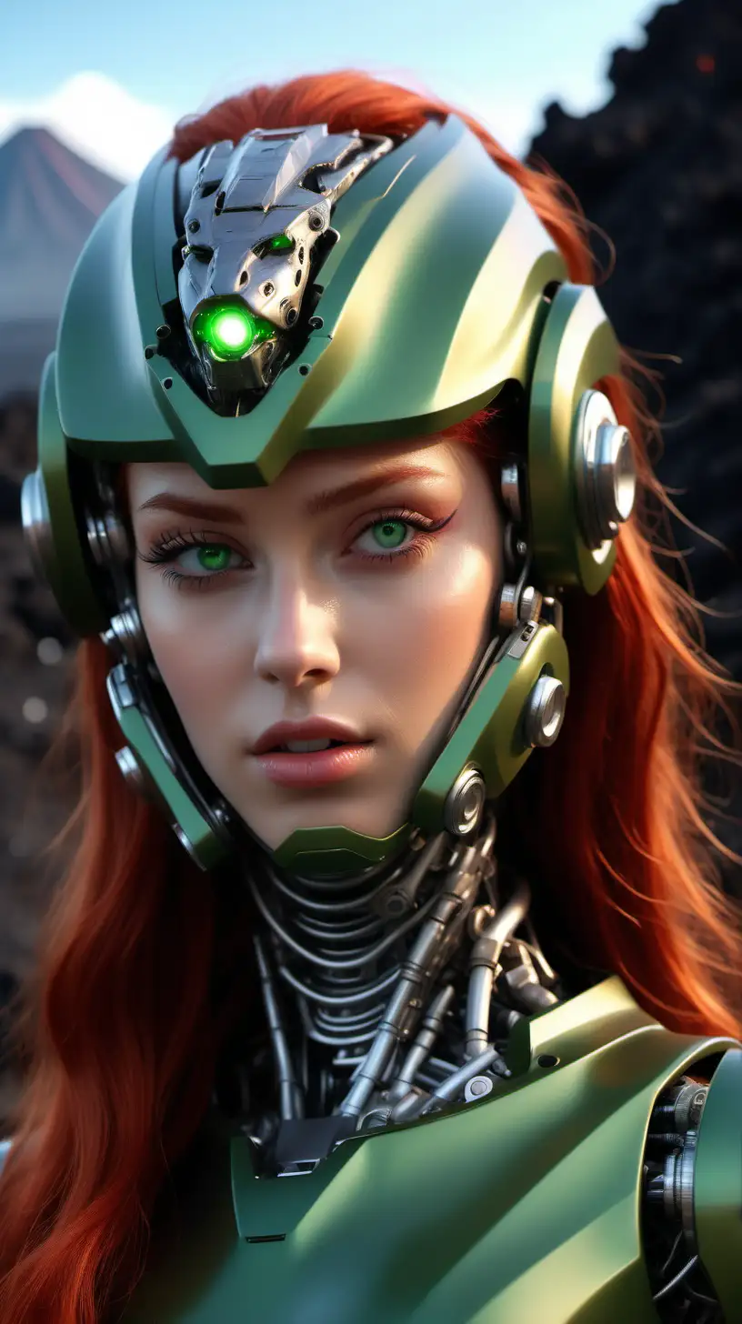 Create a photography of Magella Green, 25 years old, long red hair, green eyes, perfect face, perfect lips, perfect teeth. She is posing as a hybrid female robot, wearing a helmet with glass mask by the volcano lava. High definition 8k image, octane render.