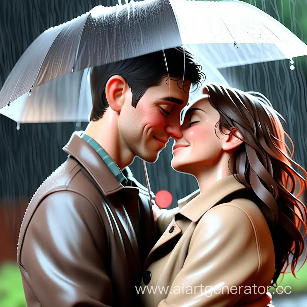 Пара красиво обнимается влббленно смотря друг на друга под дождем 