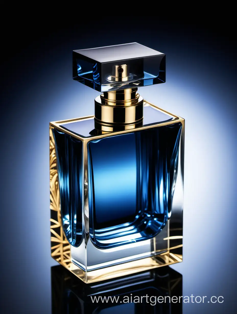 a crystal clear perfume bottle made of blue ,black and gold
transparent