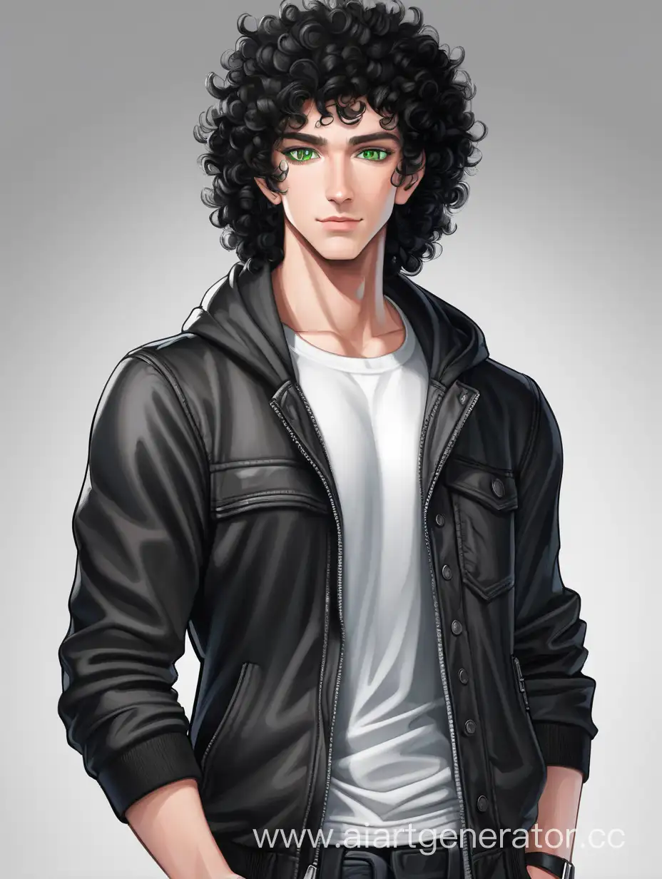 man, full height, tall, pumped up, black curly hair to the ears, green eyes, fair skin, black jacket, white T-shirt, black pants