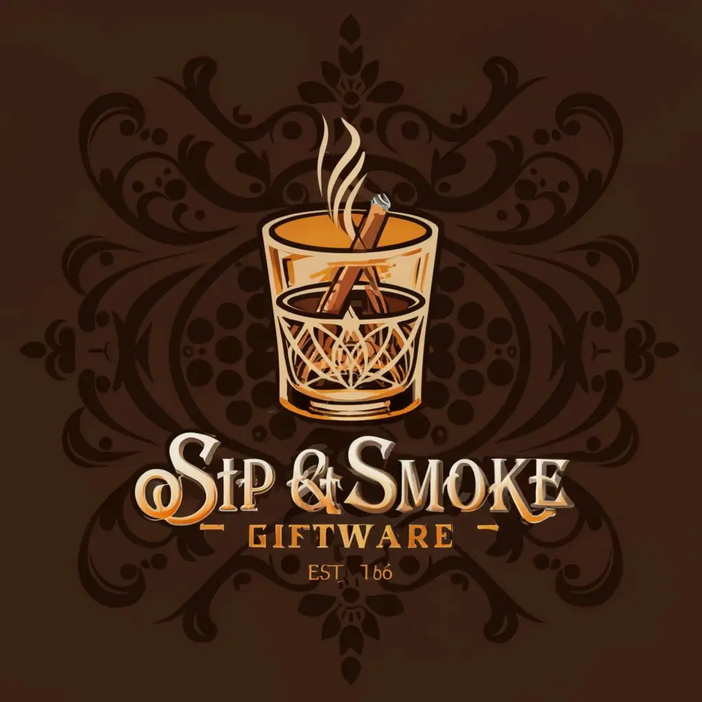 a logo design,with the text "Sip & Smoke Giftware", main symbol:The logo features a stylized combination of a whiskey glass and a cigarette, symbolizing the essence of sip and smok pleasures. The color palette consists of rich and warm tones inspired by whiskey and tobacco hues. Deep shades of brown and gold are used for the whiskey glass and cigar, while subtle gradients and highlights add depth and dimension to the design.,complex,clear background