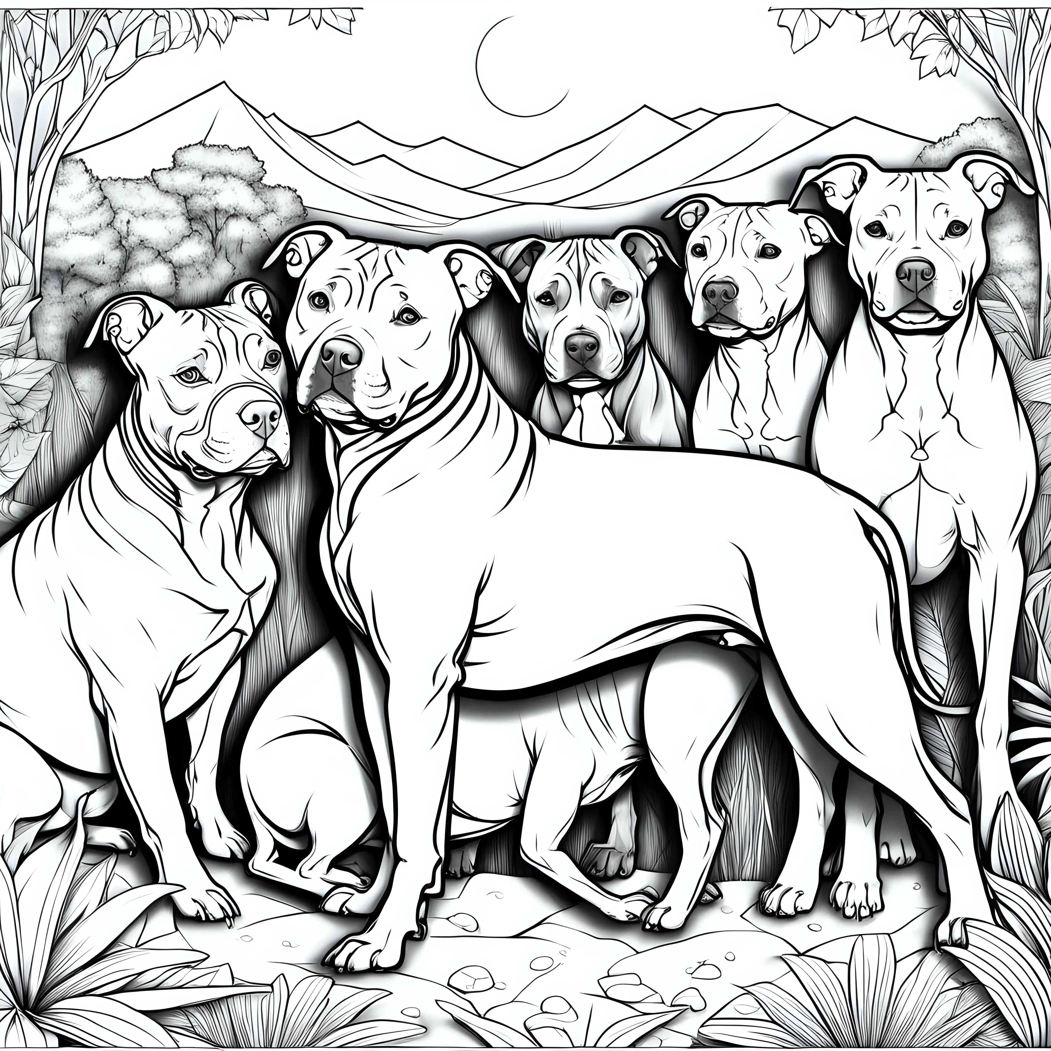  pitbull socializing with other animals, highlighting their friendly and sociable nature coloring page for adults