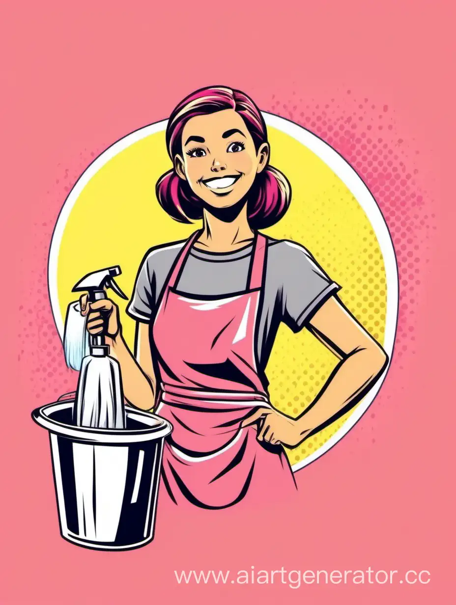 клинер девушка улыбается на желтом фоне в розовой футболке и сером фартуке уборка комикс стиль