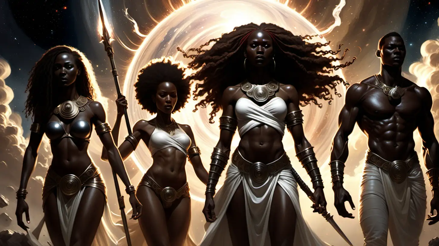 The aftermath, light returning to the universe, SERPHINA young a slim young African warrior women with massive power radiating from her body and different gender allies from around the universe mourning yet hopeful. add two allies a white men and lady in the image. wingles flaring and all people have clothing