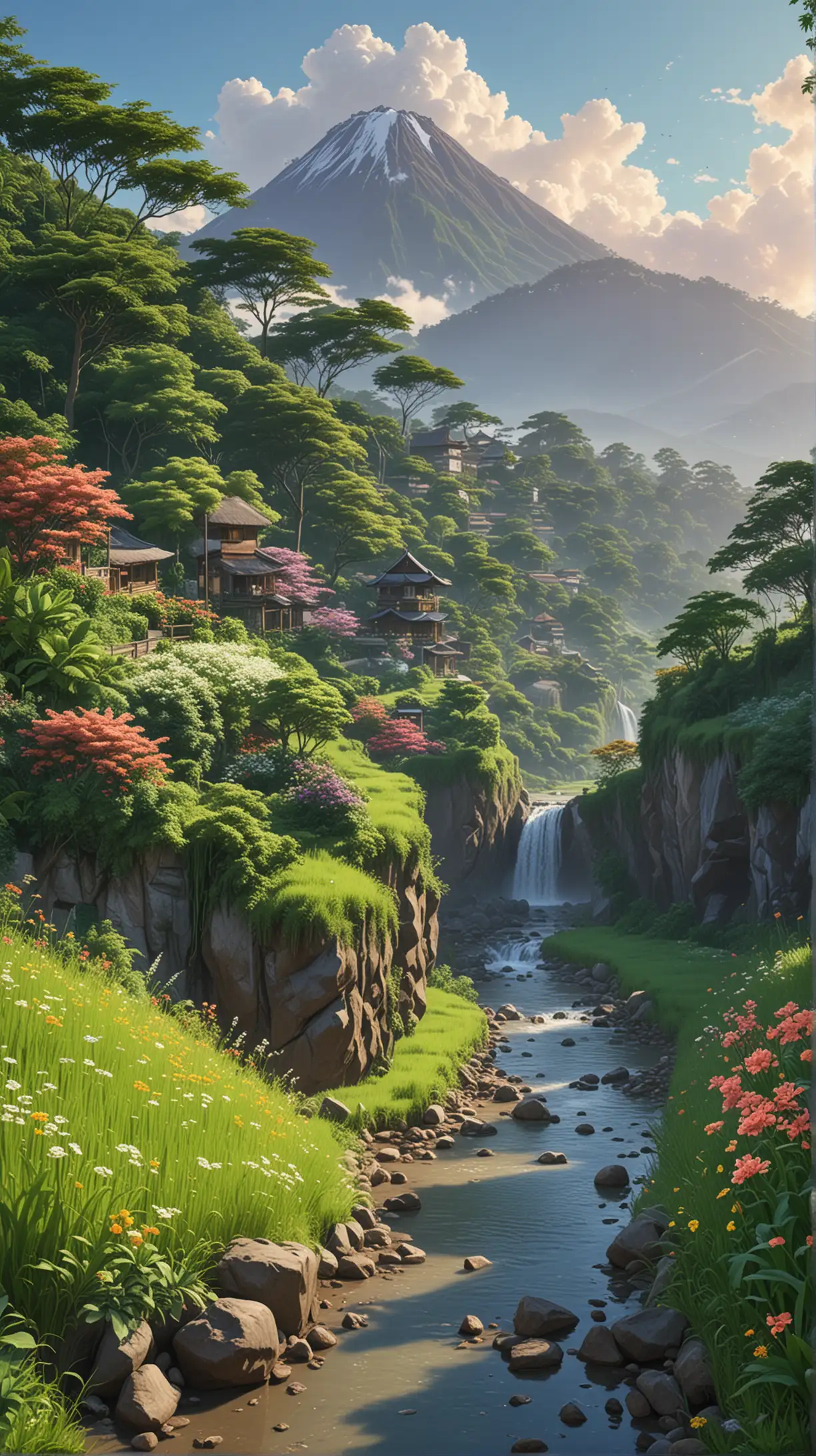 down to valley , rice field, majestic mount, river and waterfall wall paper in Bali neighbourhood village, green bush with vibrant variant flowers to the beautiful vibrant morning sunrise sky and fluffy clouds, Ultra detailed, render 8k, stable diffusion, acrylic palette knife, anime, makoto shinkai style, ghibli style, mystics_meta style, full shot photography style, majestic, ultra detailed, trending pixiv style