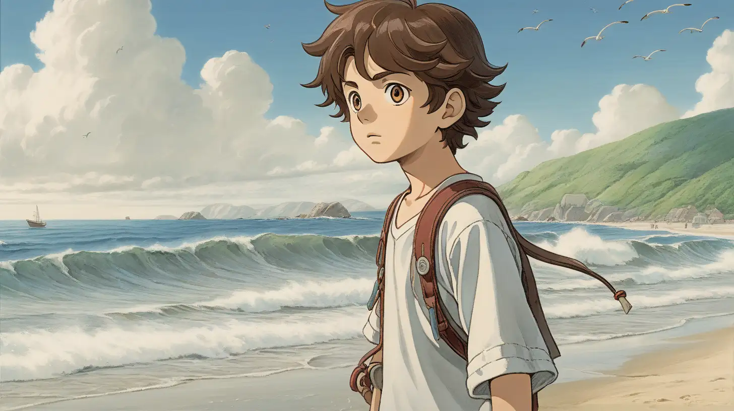 a boy with brown hair standing on a beach in the waves, windy day, happy, peaceful, beauiful illustration of fantasy, ghibli, princess mononoke, soothing, dark, music, amazing detailed game poster, wide angle, Hayao Miyazaki --ar3:2 --niji 5