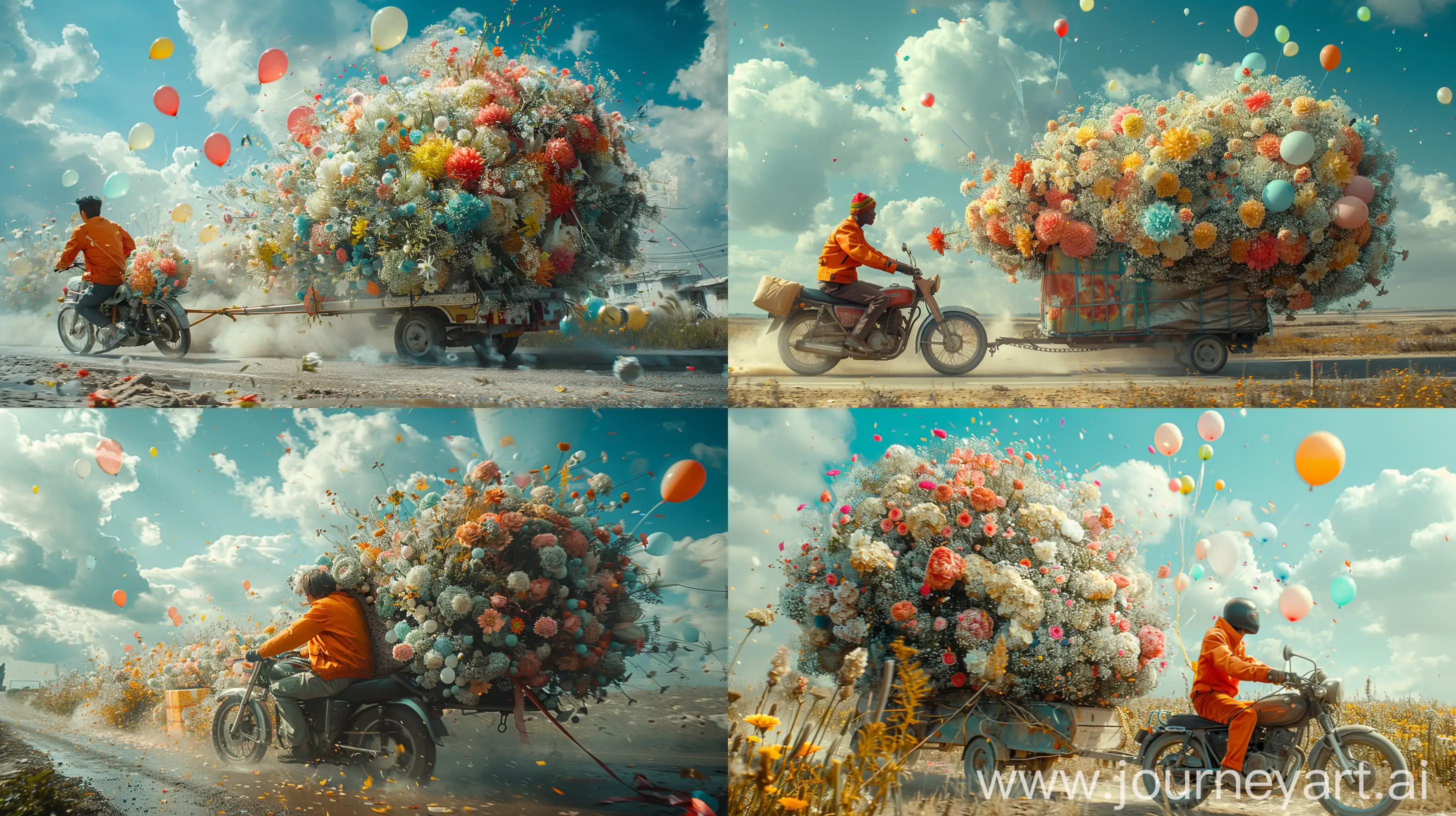 cinematic photo of a man in an orange jacket, driving a motorcycle carrying a bouquet overflowing with pastel-colored flowers and dragging behind a gigantic gift as if it were a trailer, with colorful balloons floating in the sky --ar 16:9 --s 750

