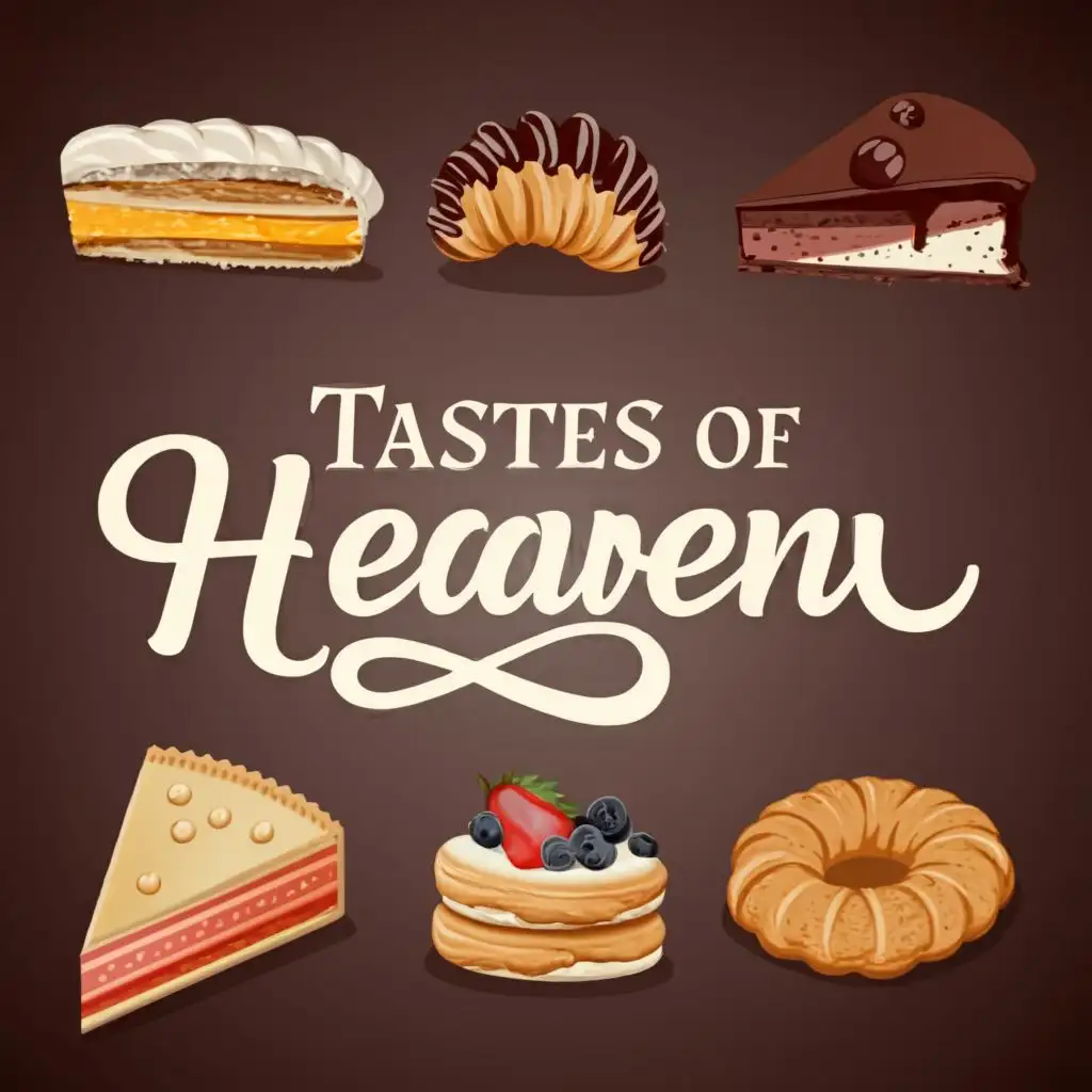 logo, Various pastries, with the text "Tastes of heaven", typography