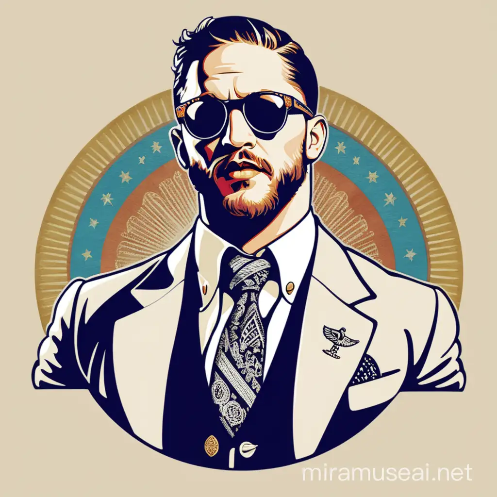 Tom Hardy, a prophet of world peace, advocate for peace and prosperity, retro style artwork, wearing sunglasses 
