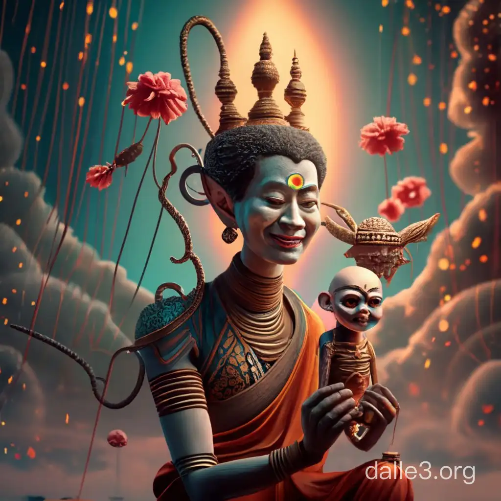 Illustrate Mara, the god of desire and illusion in Buddhism, as an enigmatic figure with an eerie smile, intricately manipulating a puppet with ethereal strings in a dark and mysterious setting. Hyper realism fused with 3d art