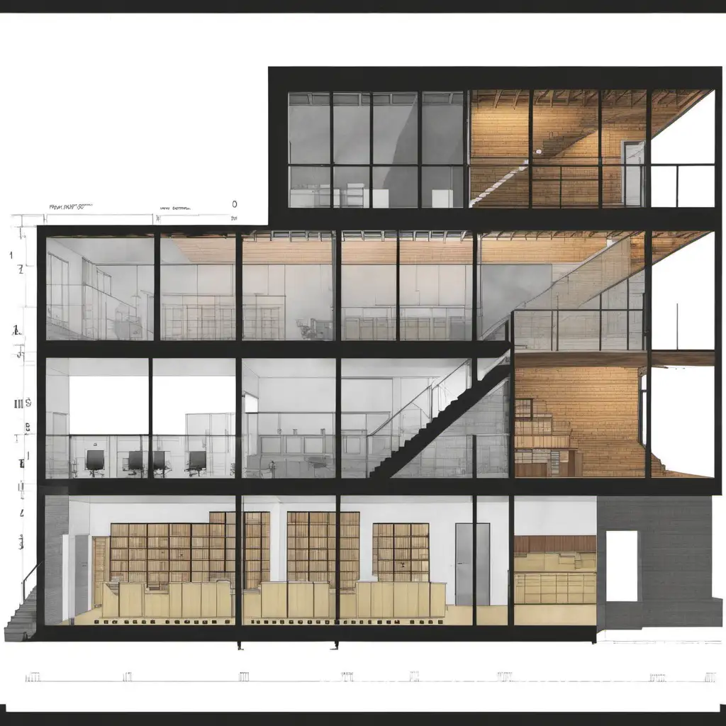 cross section of the three story office with a basement 