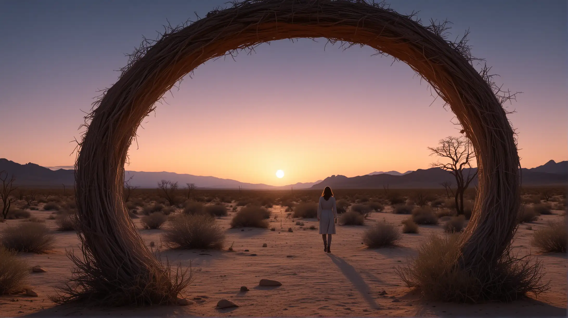 twilight, an arid desert with scarce vegetation, a ghostly woman enters the afterlife through a ring-shaped portal in the horizon.