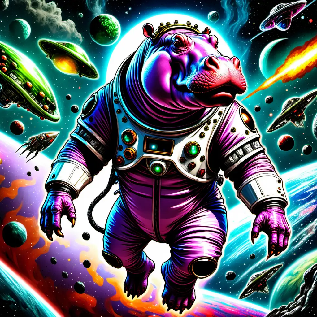 A majestic hippo in a space suit fighting aliens in a fantasy theme