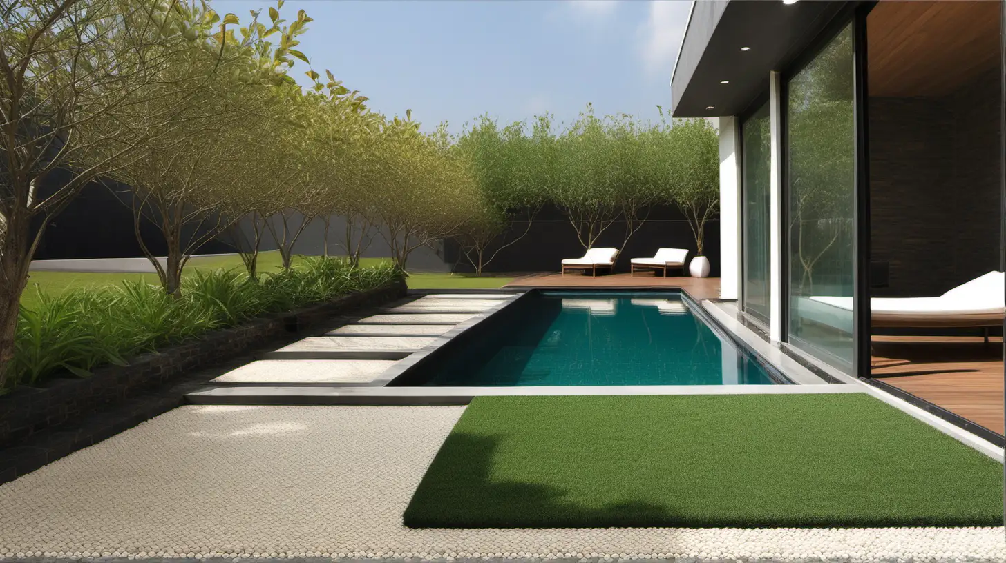 terrasse et tour de piscine maison été nature végétaux avec revêtement de sols granulats très fins type  moquette de pierre