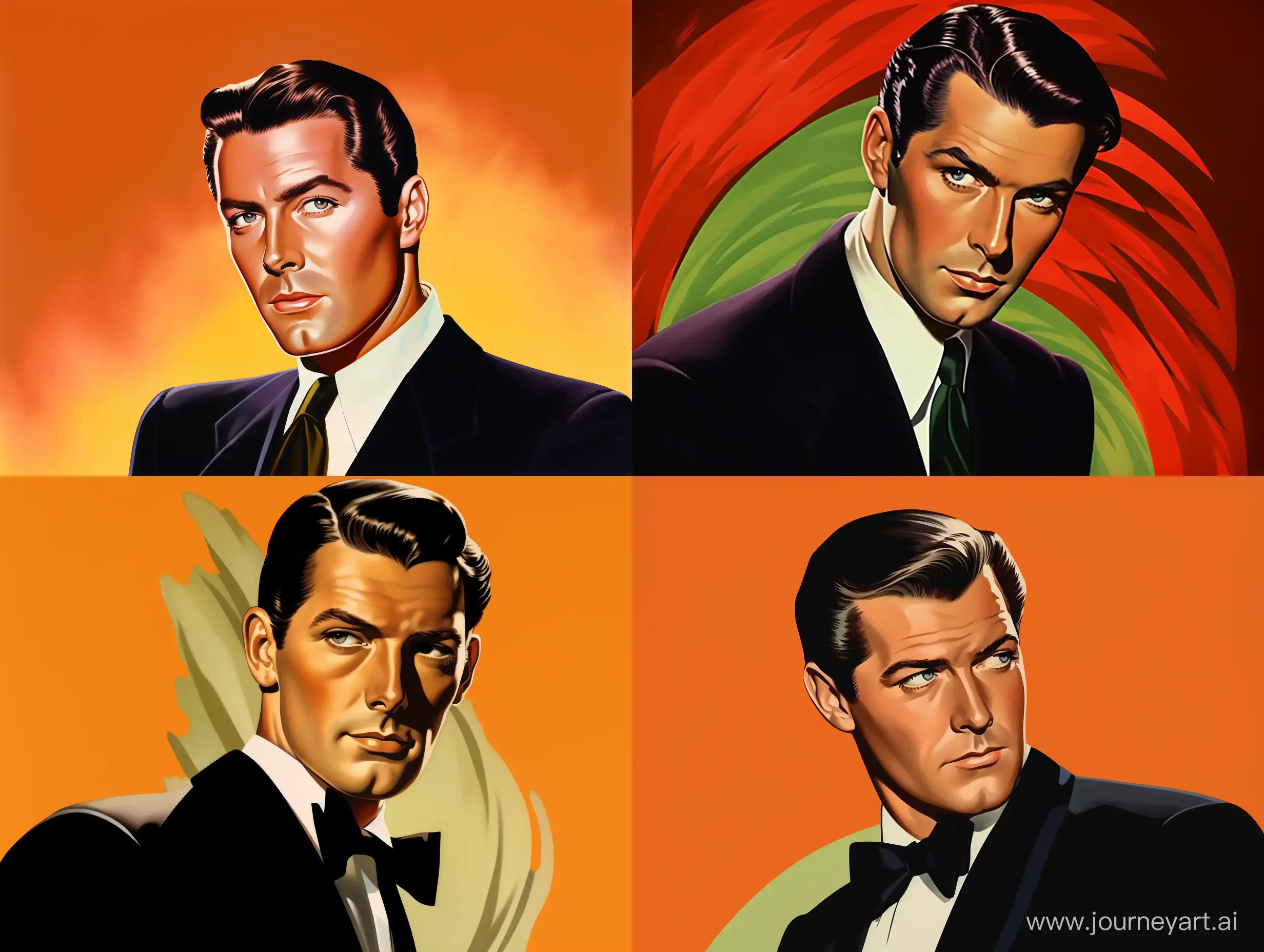 Robert Maguire style Pulp art of glamorous 1940s handsome movie star man with slicked-back hair wearing a sharp suit, solid color background  --ar 4:3