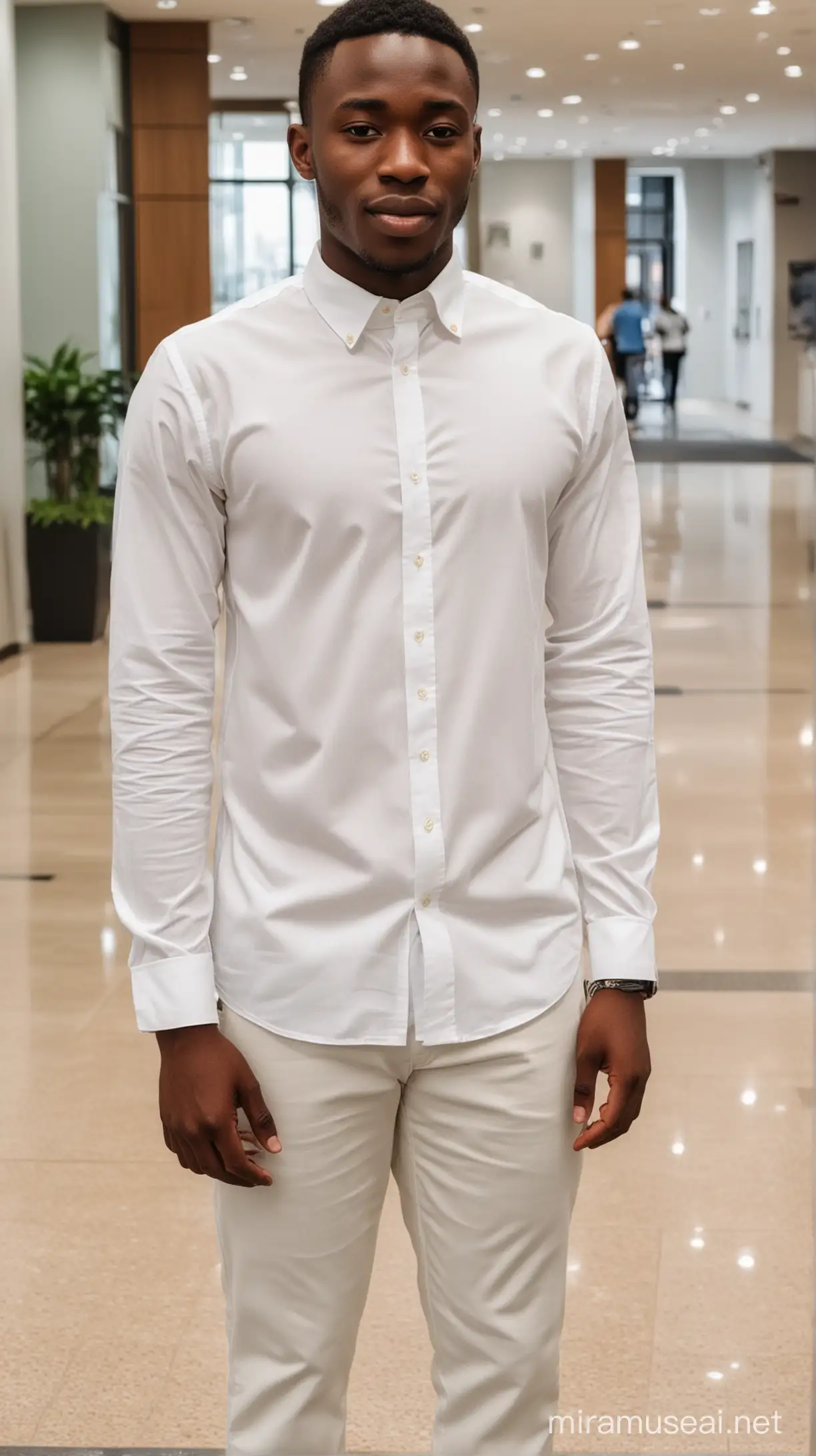 Jeune homme africain en chemise manche longue blanche sans cravate debout dans le hall d'une entreprise. la chemise est piquée dans le pantalon