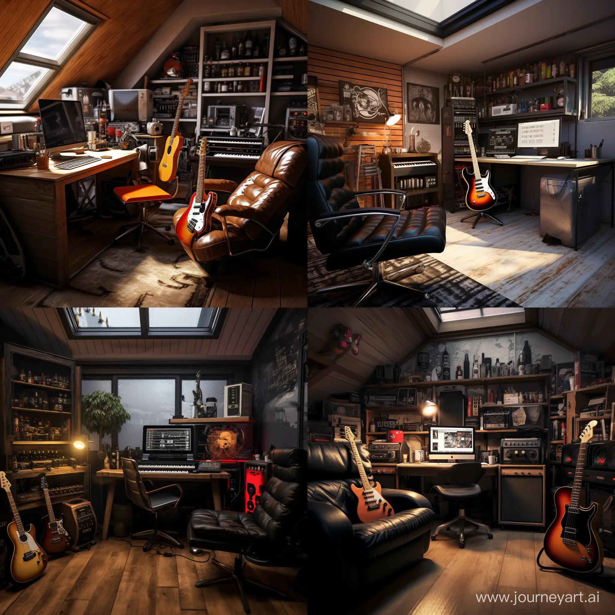 Rocker garage with computer and whisky bottles