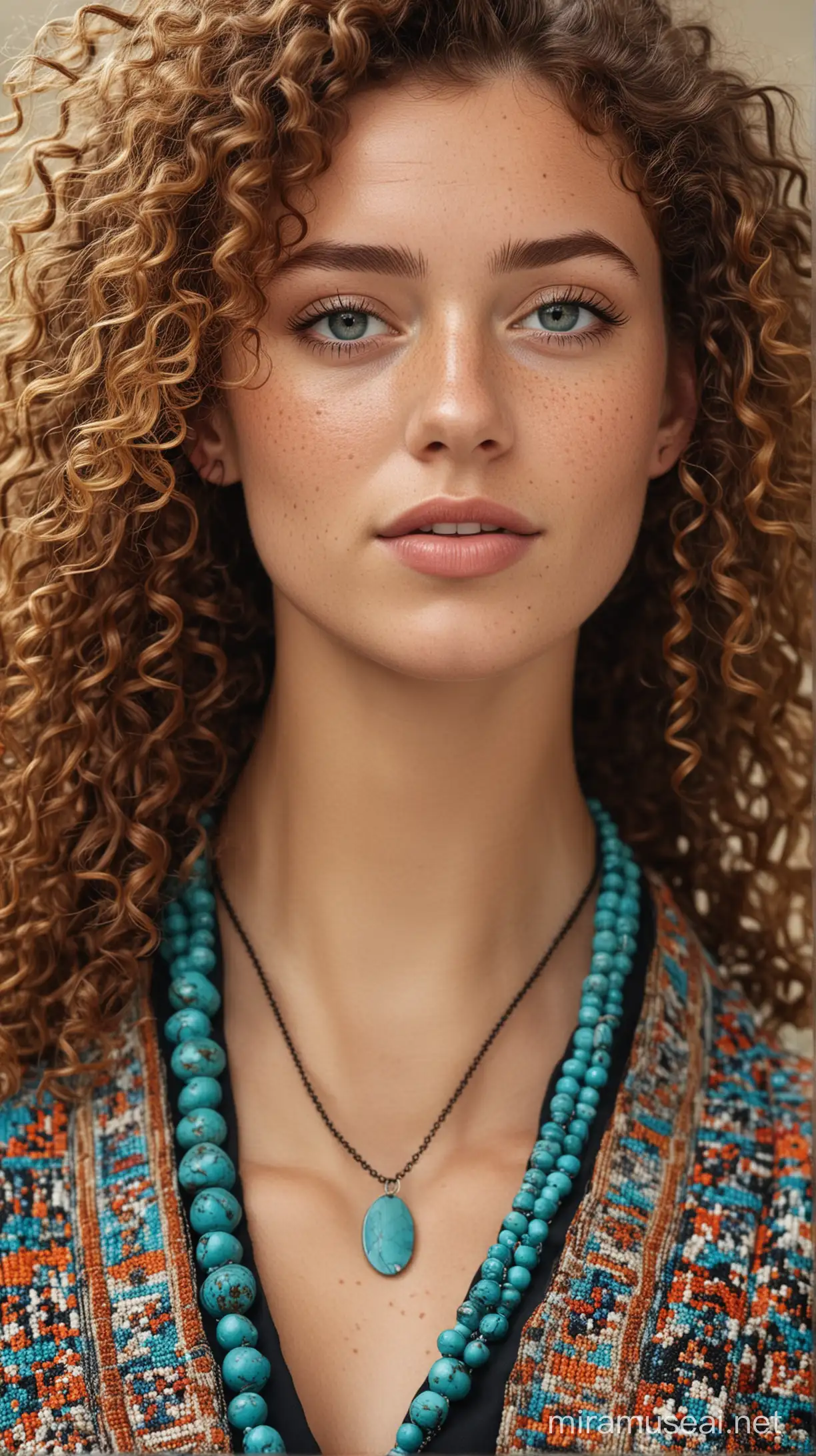 Curlyhaired Model in Handicraft Jacket and Turquoise Bead Necklace