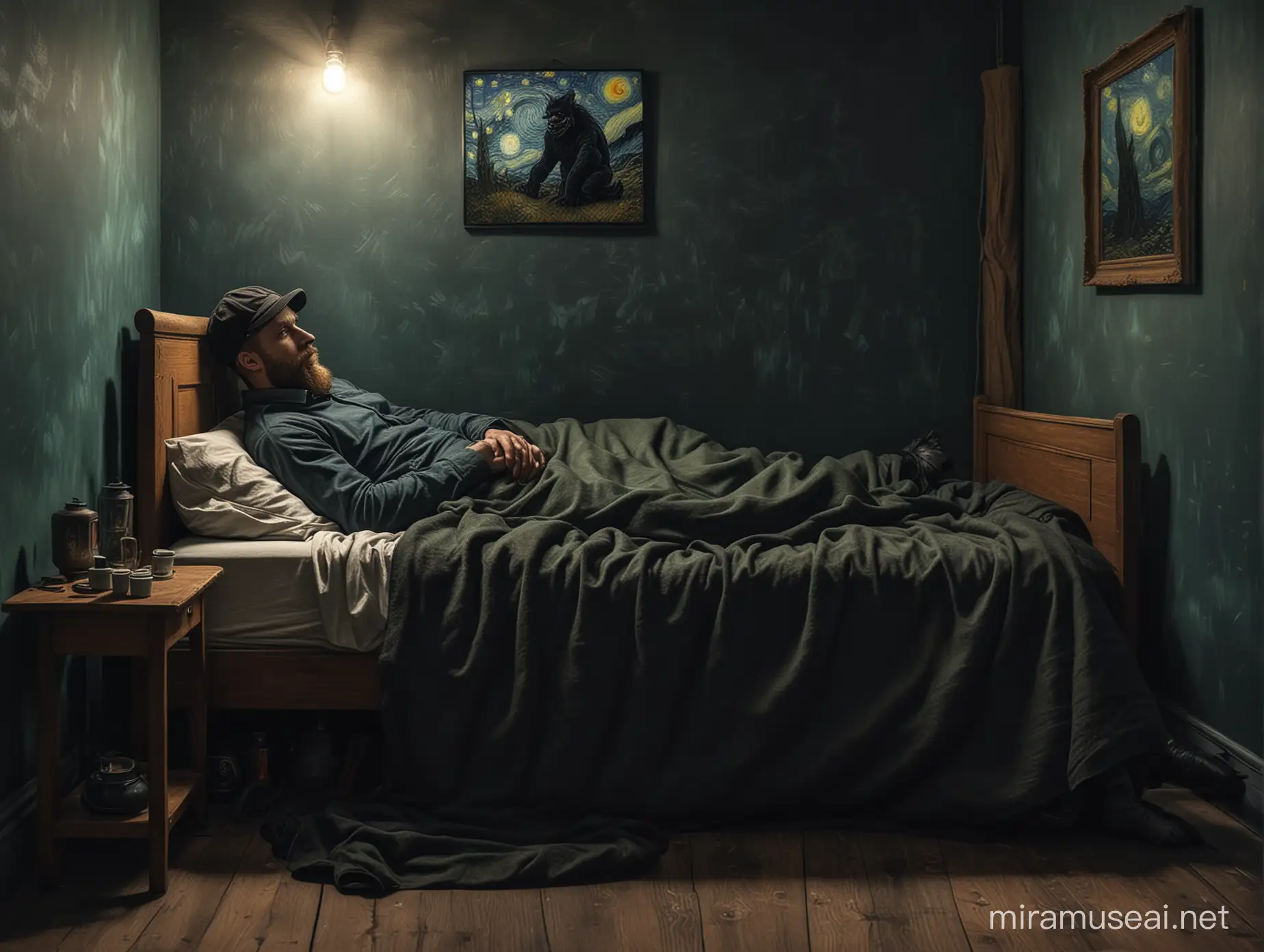 Lonely Man in Peaked Cap Contemplating in Van Gogh Style Bedroom