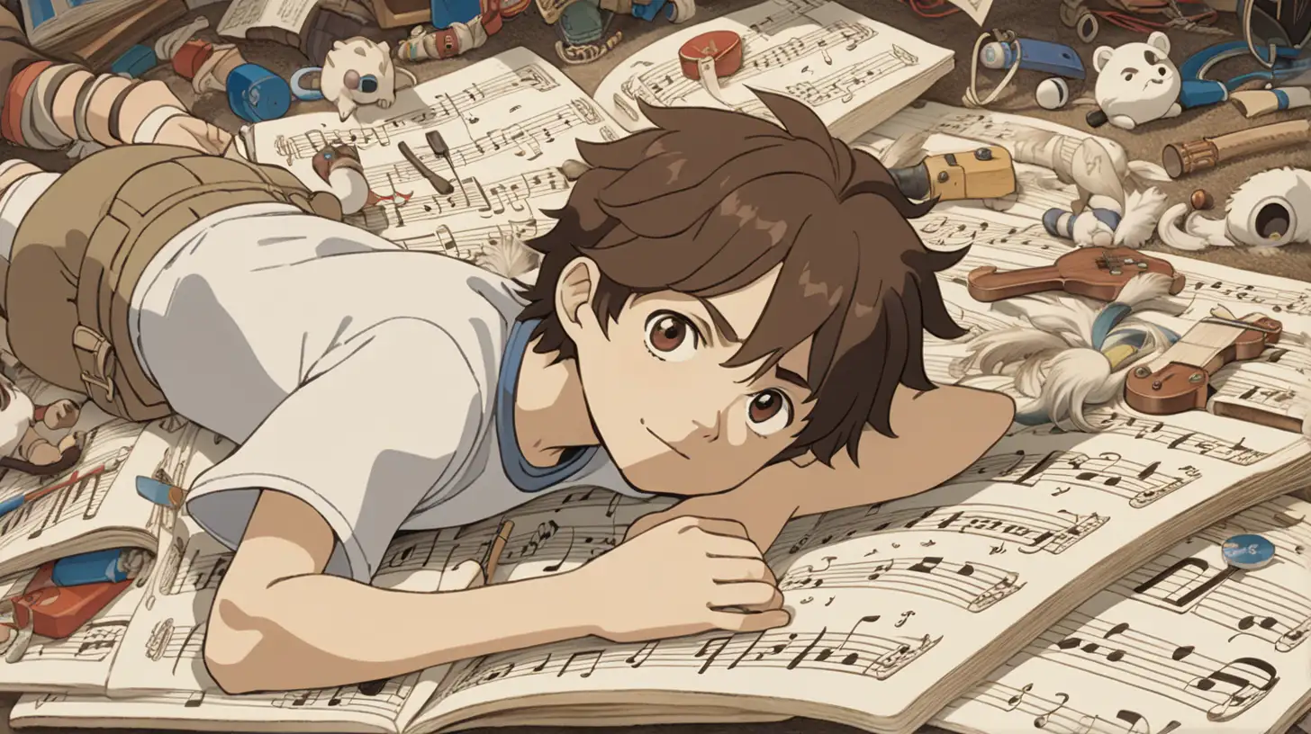 Enchanting Fantasy BrownHaired Boy Surrounded by Music Sheets in a Ghibliinspired World