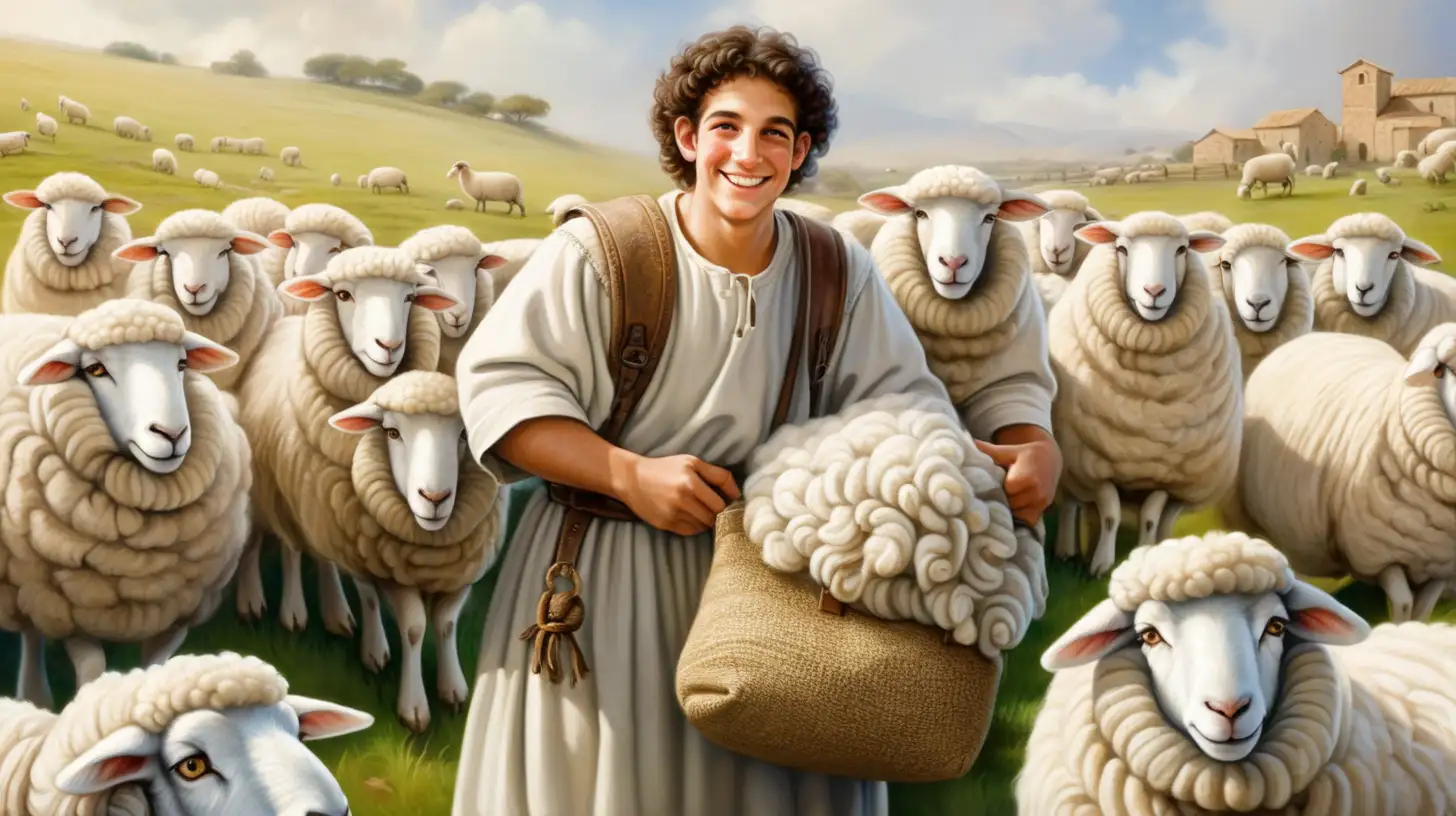 epoque biblique, un jeune berger hébreux souriant, des moutons blancs tondus, un gros sac rempli de laine de mouton, ambiance magique