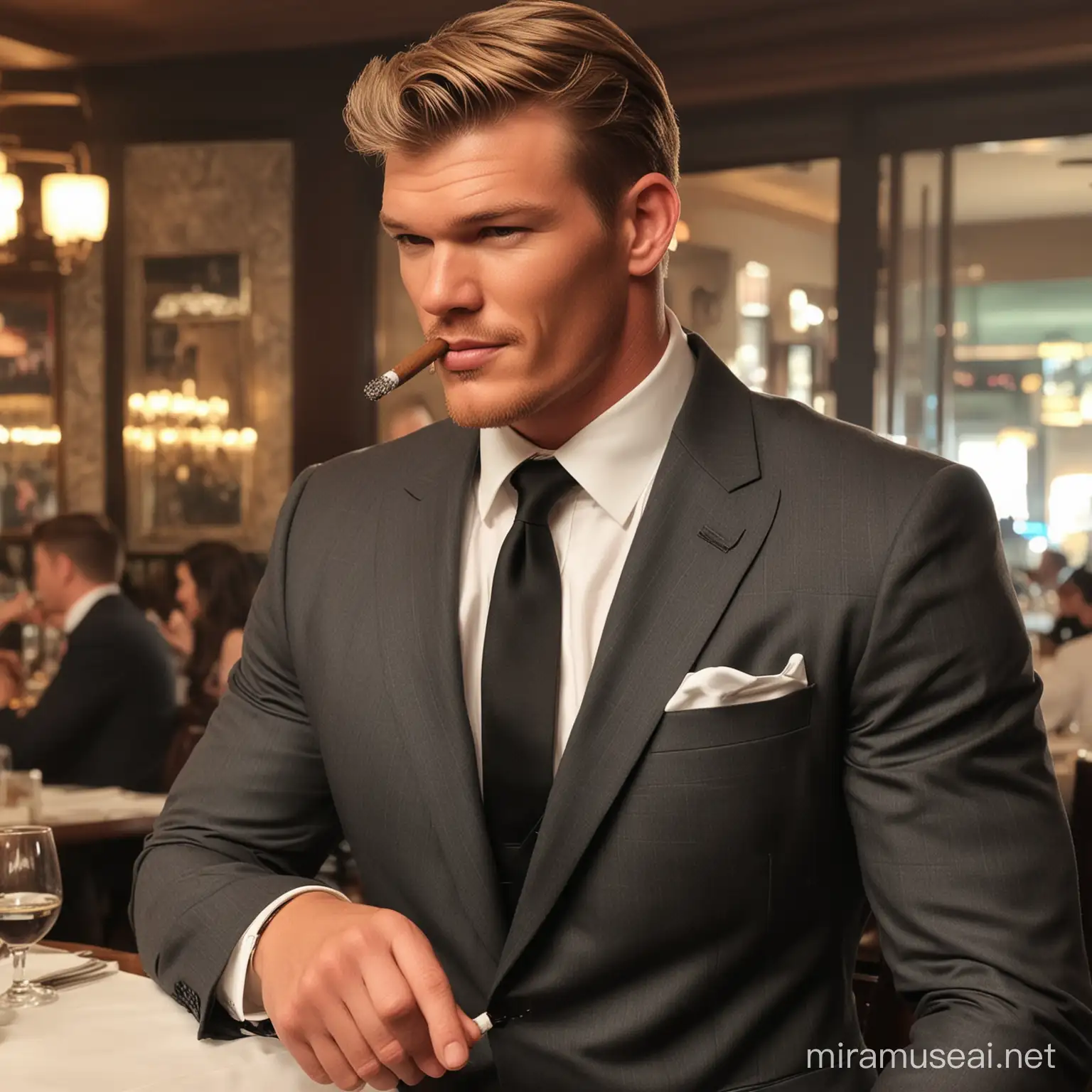 Alan Ritchson wearing a conservative business suit at a fancy restaurant, smoking a cigar, sporting a 1950s business haircut.