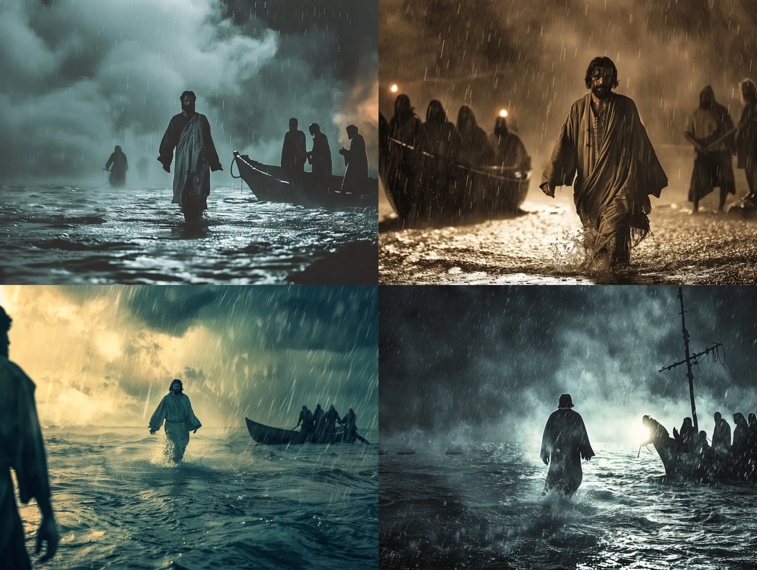 Jesus walking in the waters through a heavy rain and a group of scary men looking at him from far away in a boat 