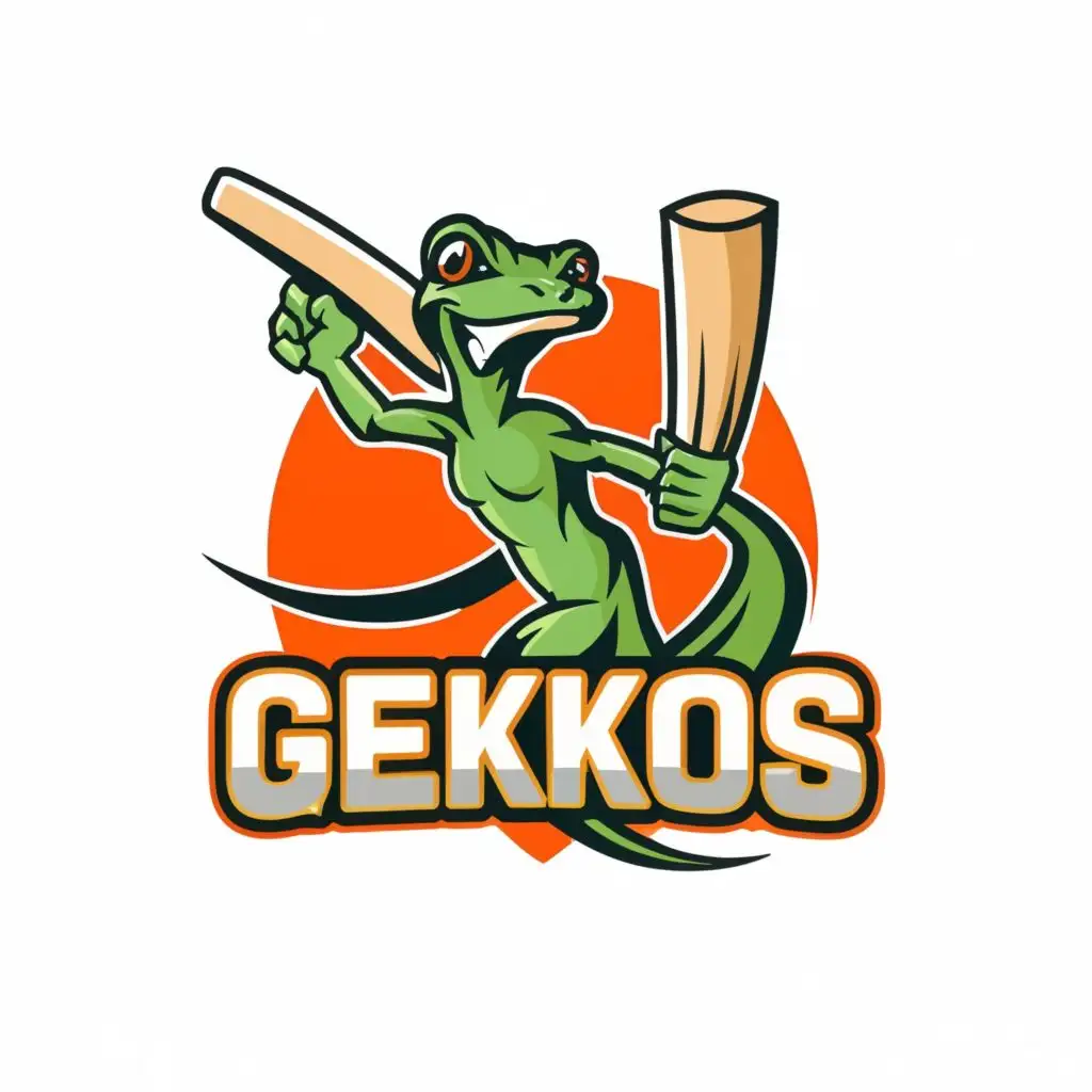 logo, gecko lizard with cricket bat and ball, with the text "Gekkos", typography, be used in Sports Fitness industry