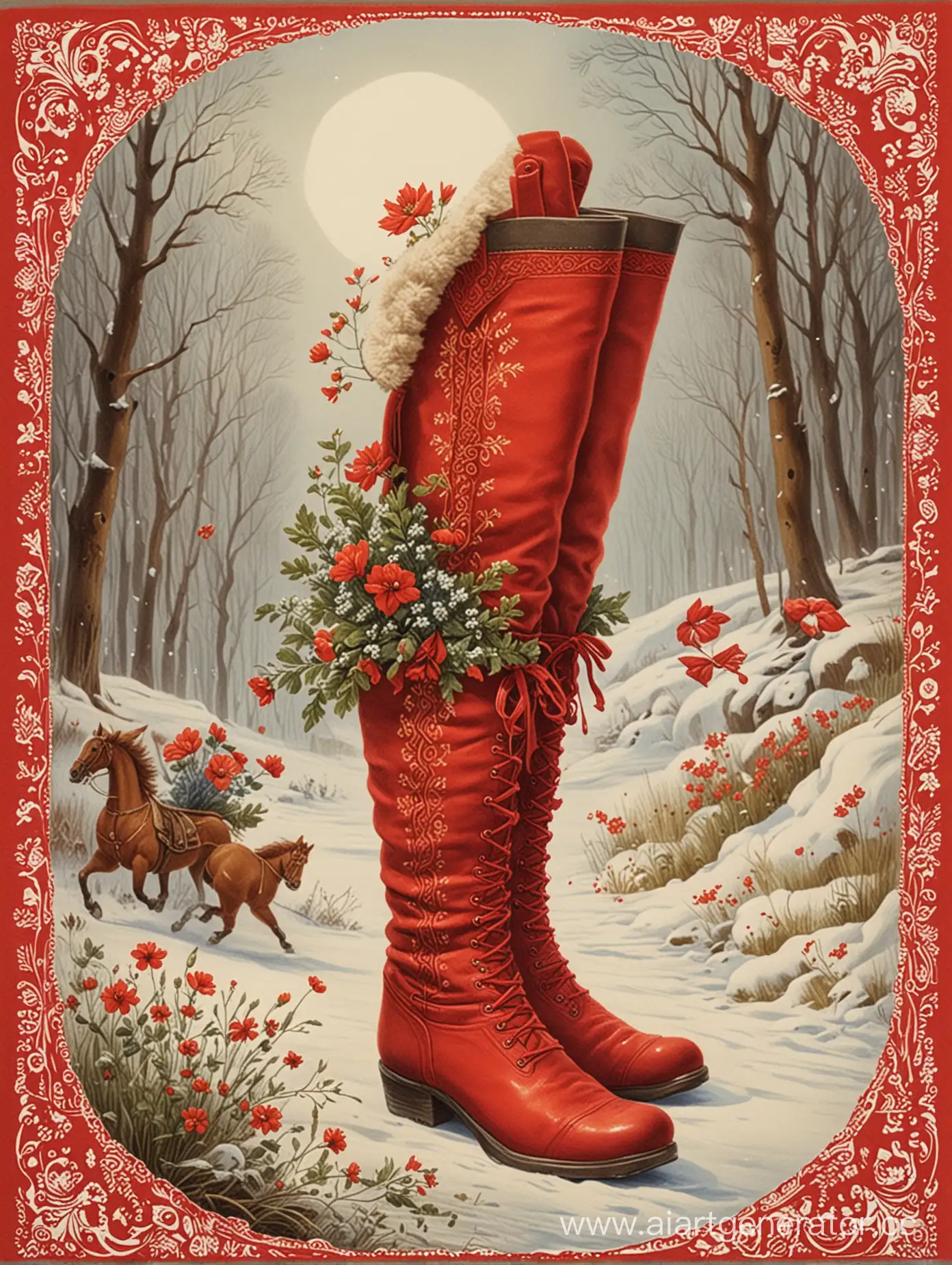 карточка, красные сапоги скороходы в стиле русских народных сказок