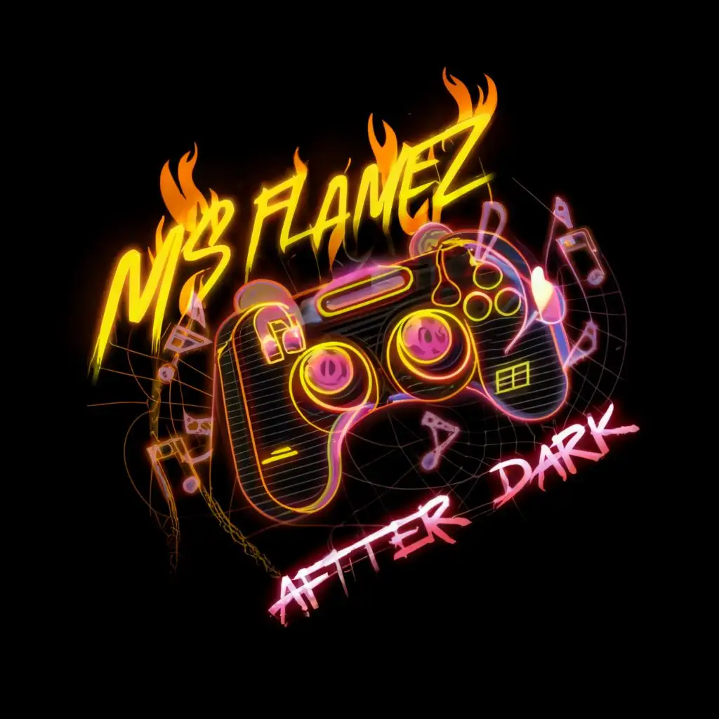 a logo design, with the text "MsFlamez After Dark", main symbol: gaming, concert, controller, music, soundwaves, dj, realistic fire flames, 3d, rose pink, yellow, red, neon, orange, Moderate, clear background