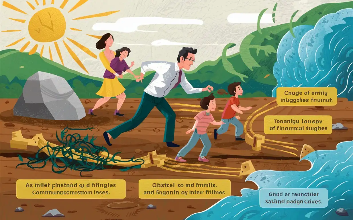 Obstacles of Family Life: Depict a man with a wife and children encountering obstacles blocking his path towards a goal, representing the challenges of family commitments.