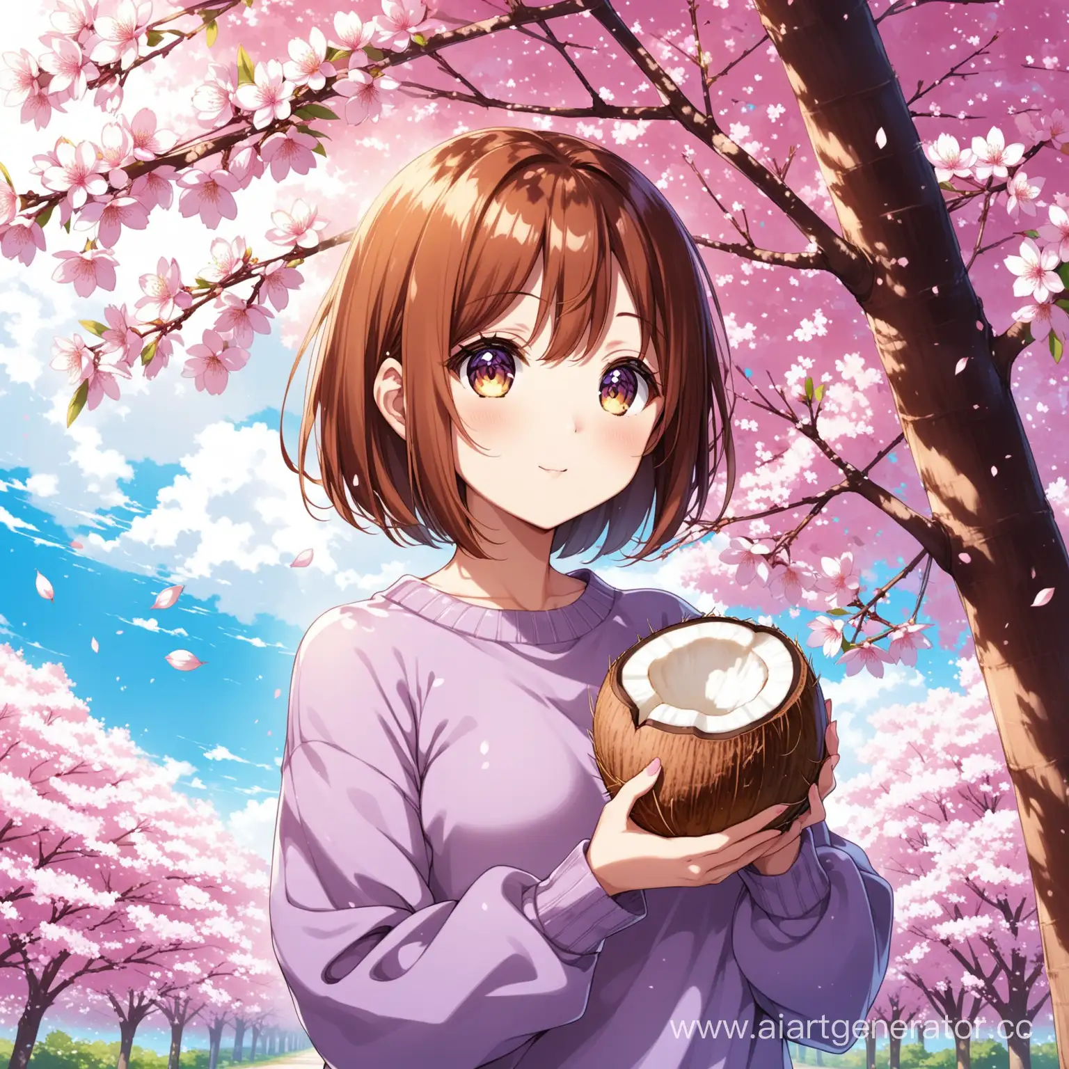 аниме девушка с каштановым каре стоит на фоне сакур с кокосом в руках в фиолетовой кофте