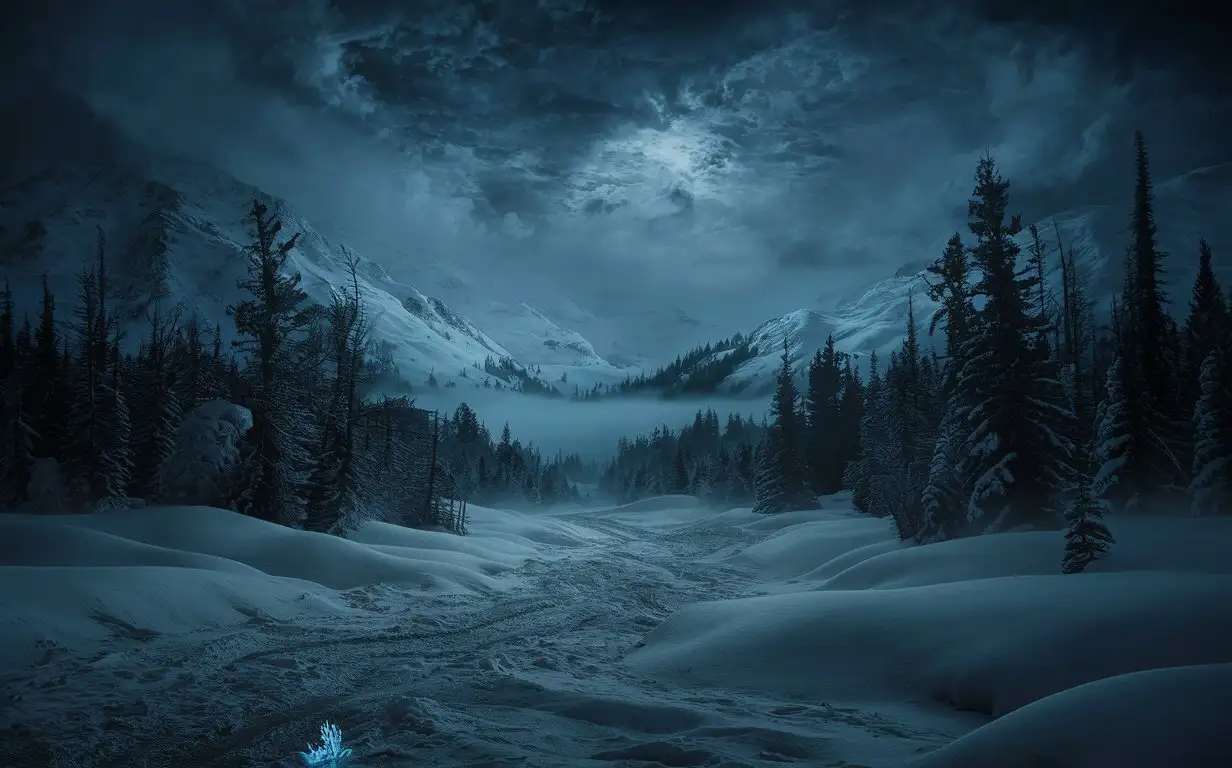 Alaska, cold winter, dark night, cloudy sky, darkness around, coniferous forest, high mountains, snow drifts, dense thickets, thick fog, black bottom, blue light, digital art.