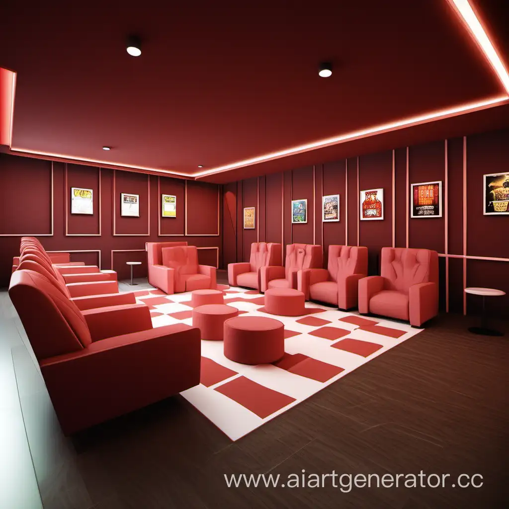 интерьер зала киноклуба с одним акцентным цветом, местом для снеков, мягкими креслами, местом для игры в настольные игры