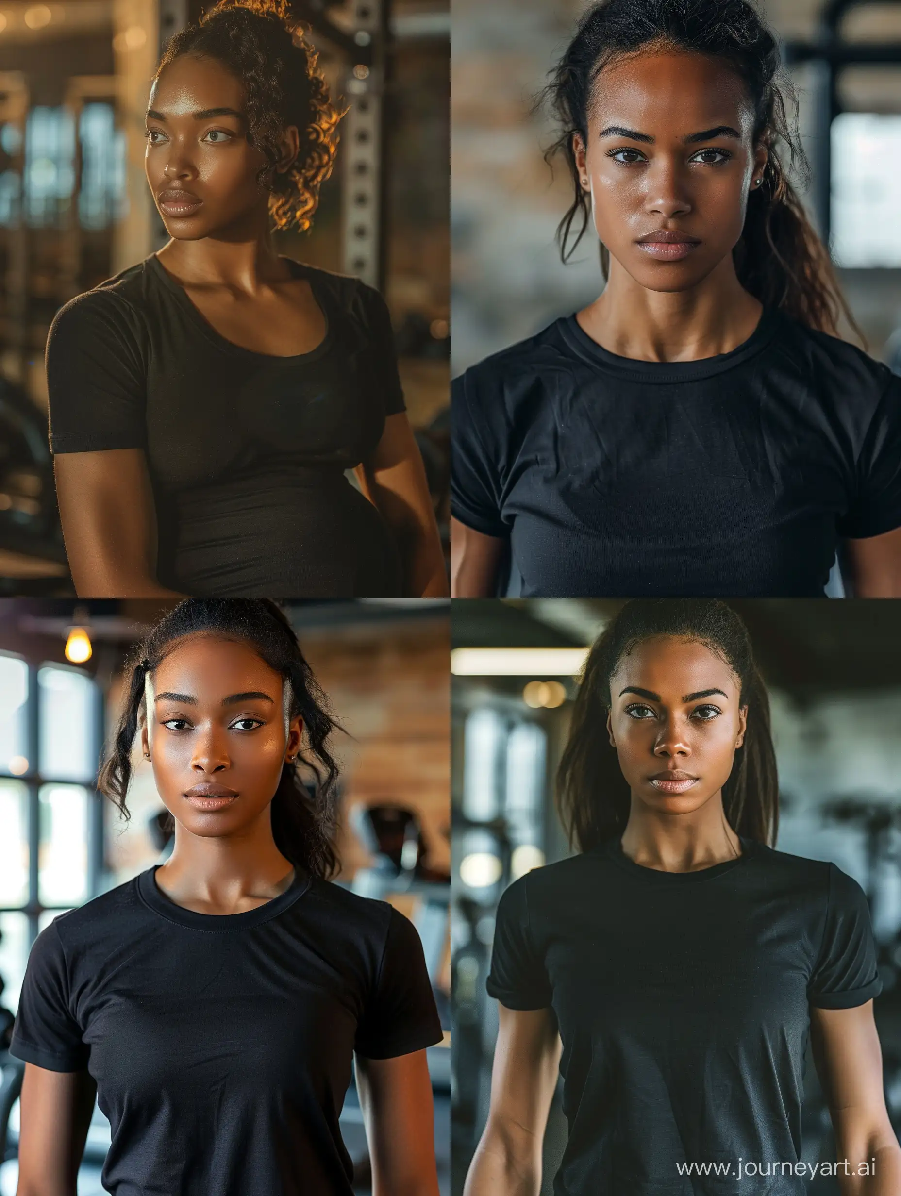A cinematic, ultra realistic, high resolution photo, of a beautiful african american  woman,  mid-20s, very nice physique, not too lean, wearing a black cotton t-shirt, working out in the gym