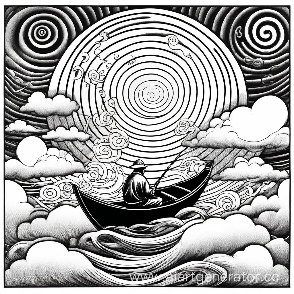 Чёрно-белый рисунок тонкими контурными линиями рыбак сидит спиной в лодке, на небе облака, большое солнце со спиральным рисунком и летающие медузы в китайском стиле