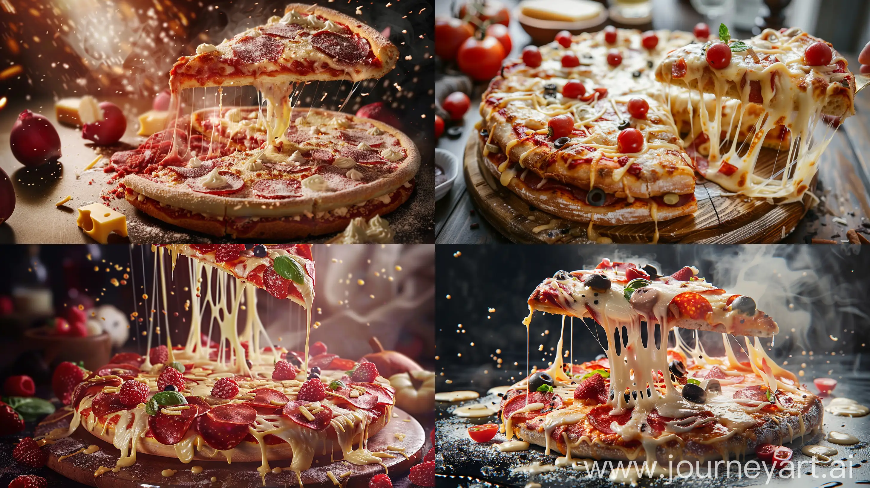 mixing of pizza and cake and cheese, beautiful, fantasy style, realistic --ar 16:9