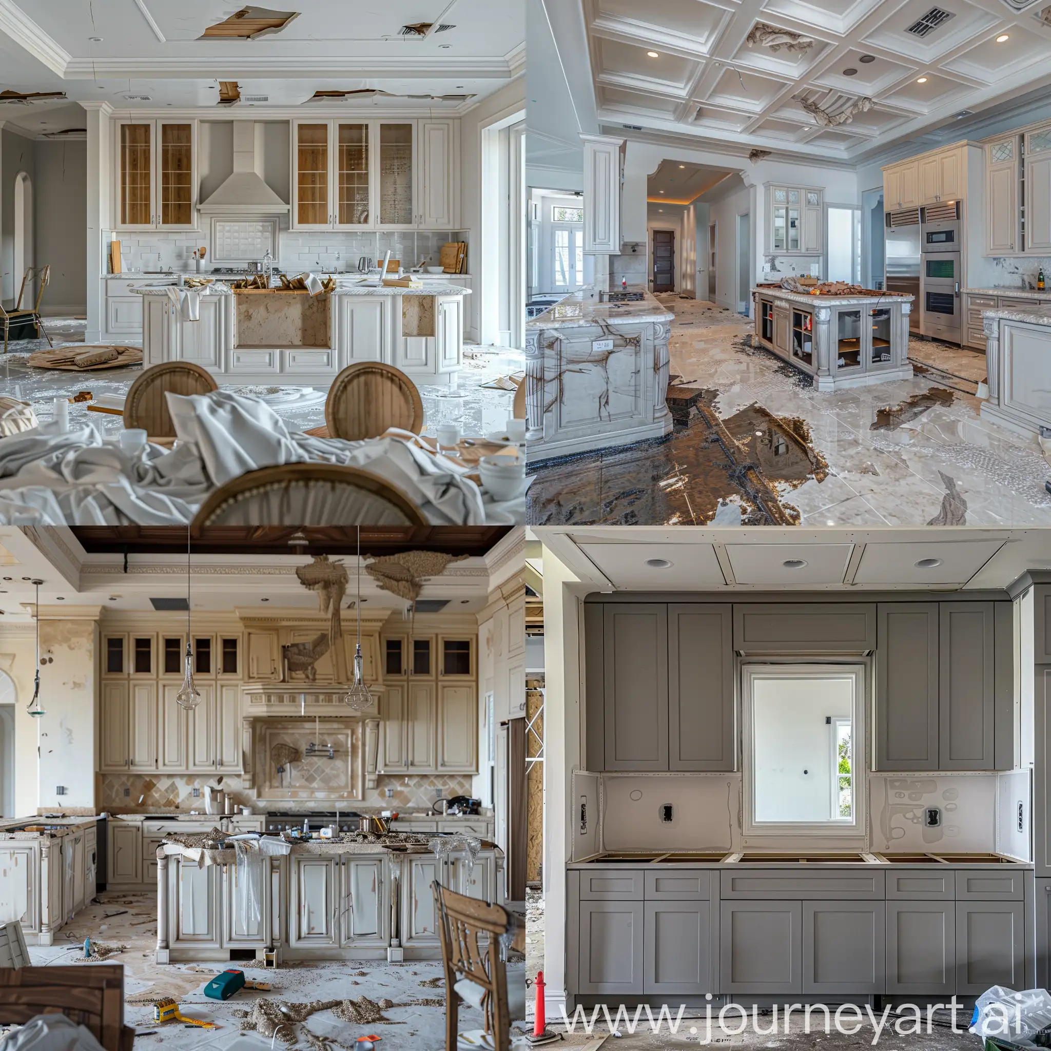 Kitchen Cabinets Rebuilding after a hurricane in Florida, hd image quality, photo realistic, highly detailed, hyper-realistic, super detailed, high quality, high resolution, elegant, photography, photorealistic, ultra hd, hdr, 32k, cinematic, the photo is captured with a nikon z9 camera and a nikkor z 85mm f/1.2 lens, using an aperture of f/2.4