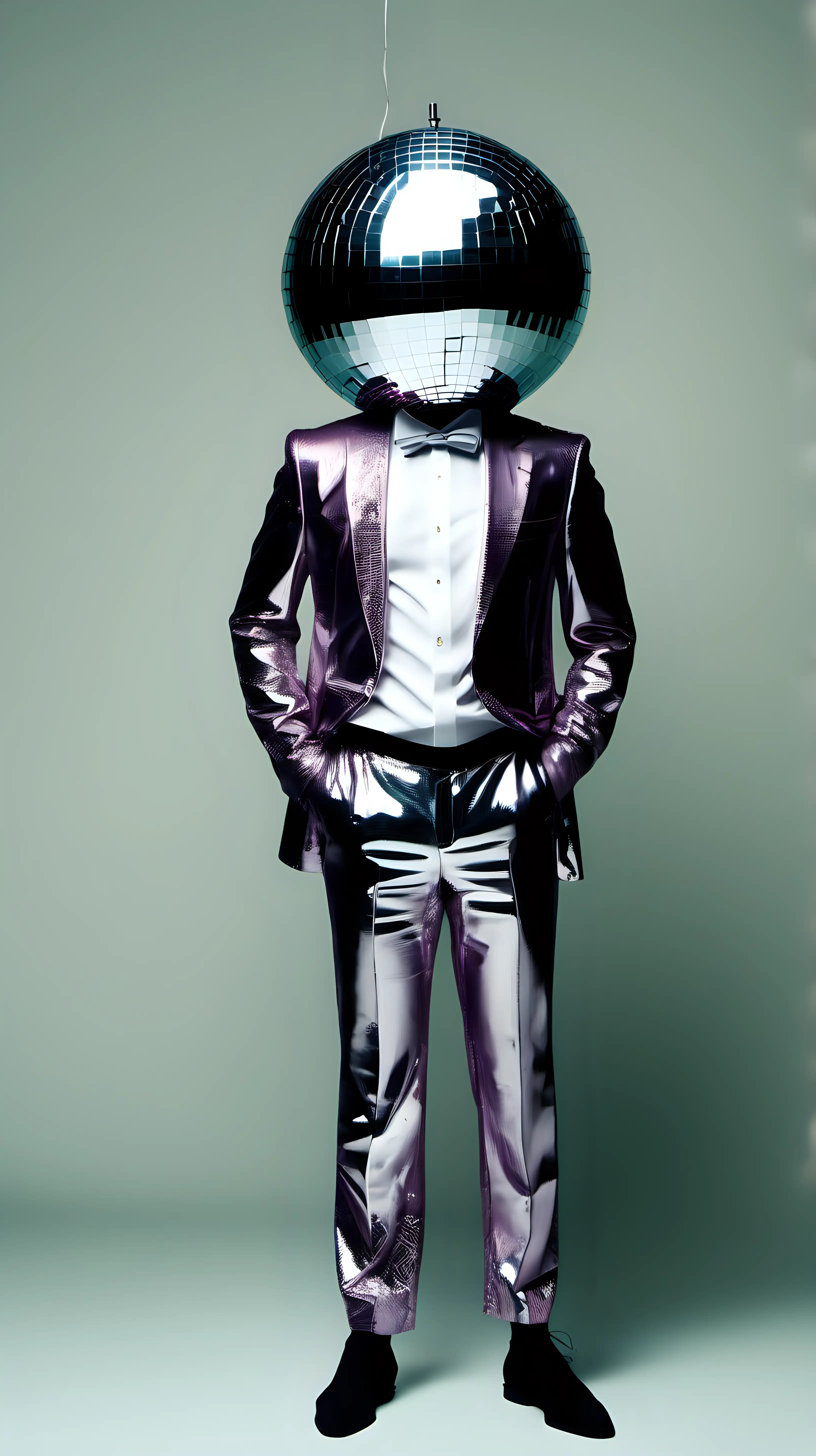 a person with party clothes and a mirror ball instead of the head
