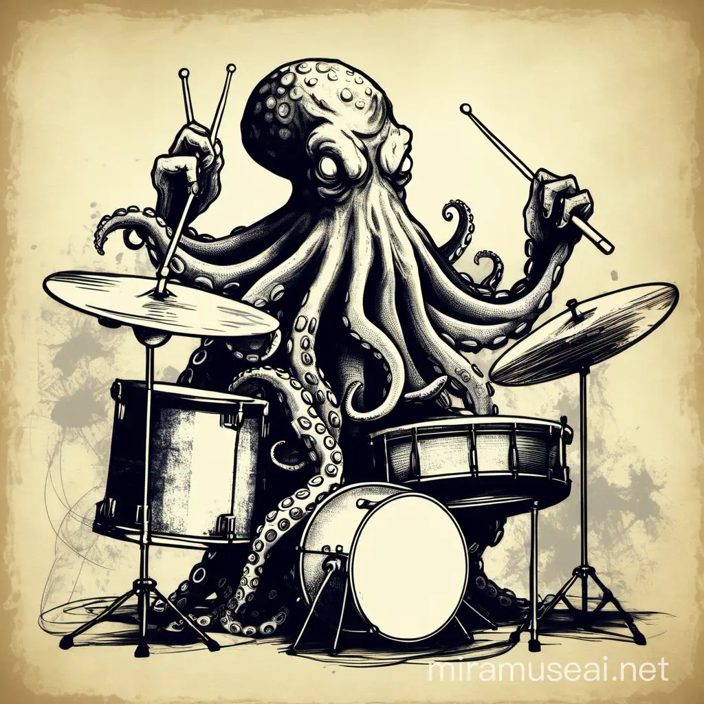 grungy sketch of octopus playing drums