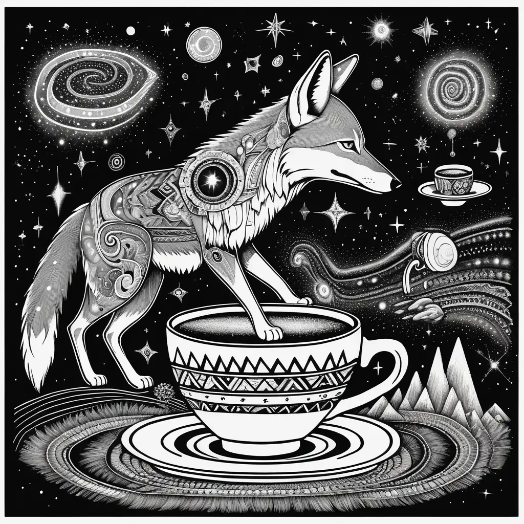 A coffee addict huichol style coyote ascending through time and space, stars, pulsars, quasars, and comets in coffee cups shapes passing by. Nebulae and black holes in the background. Black and white iconography. 