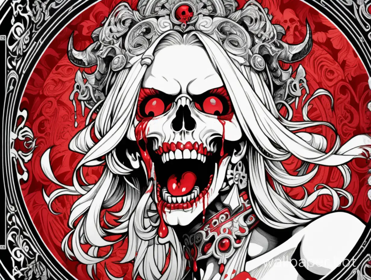 crazy horror skull venus, front head of sexy lascive face, open mouth with black tongue, chaos ornamental, darkness, asymmetrical, Chinese poster, torn poster edge, Alphonse Mucha hyperdetailed, high-contrast, red black white, explosive dripping colors, sticker art