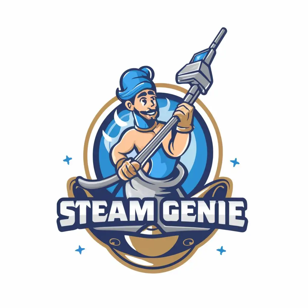 a logo design,with the text "The Steam Genie", main symbol:cartoon genie vacuuming. he is emerging from genie lamp. use colors blue, white, and black only.,Moderate,clear background