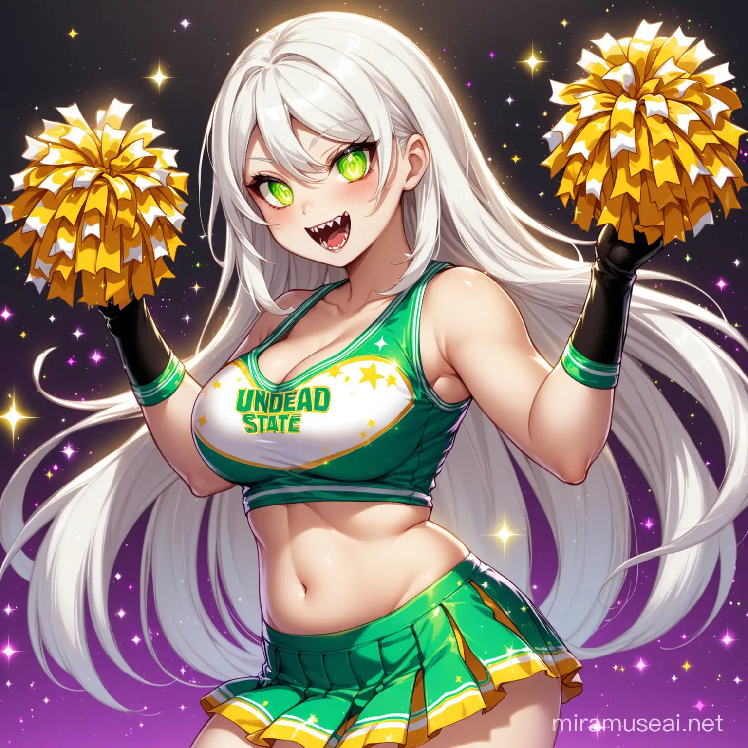 Cream-colored skin with a faint green
Long, flowing white hair that seems to shimmer and move on its own
Bright, friendly eyes that sparkle with excitement
Curvaceous figure that doesn't gain weight easily due to her undead state
Often wears bright colors and cheerleader-inspired outfit