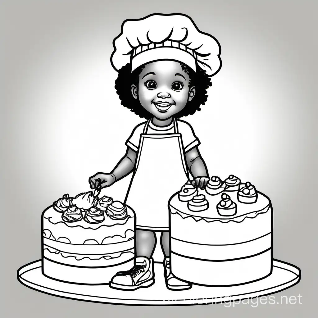 generate a whimsical simple line drawing of a 3 year old African American girl decorating a cake, have her wearing jeans and tennis shoes, and wearing a chef's hat and an apron, remove all background images and make it suitable for a 3 year old to color, Coloring Page, black and white, line art, white background, Simplicity, Ample White Space. The background of the coloring page is plain white to make it easy for young children to color within the lines. The outlines of all the subjects are easy to distinguish, making it simple for kids to color without too much difficulty