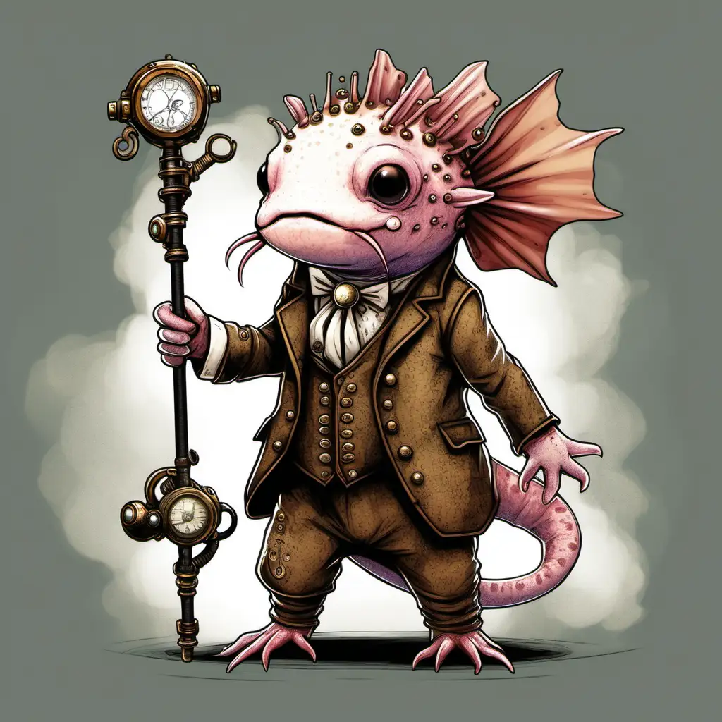 An axolotl standing with a staff in hand, brown, stribed skin, steam punk theme
