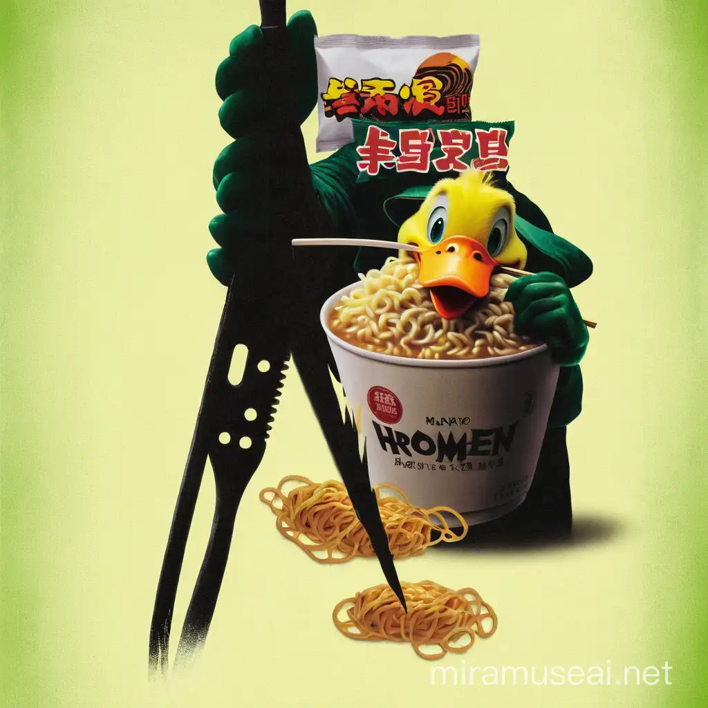 Poster of 90s style horror movie with duck and ramen. 