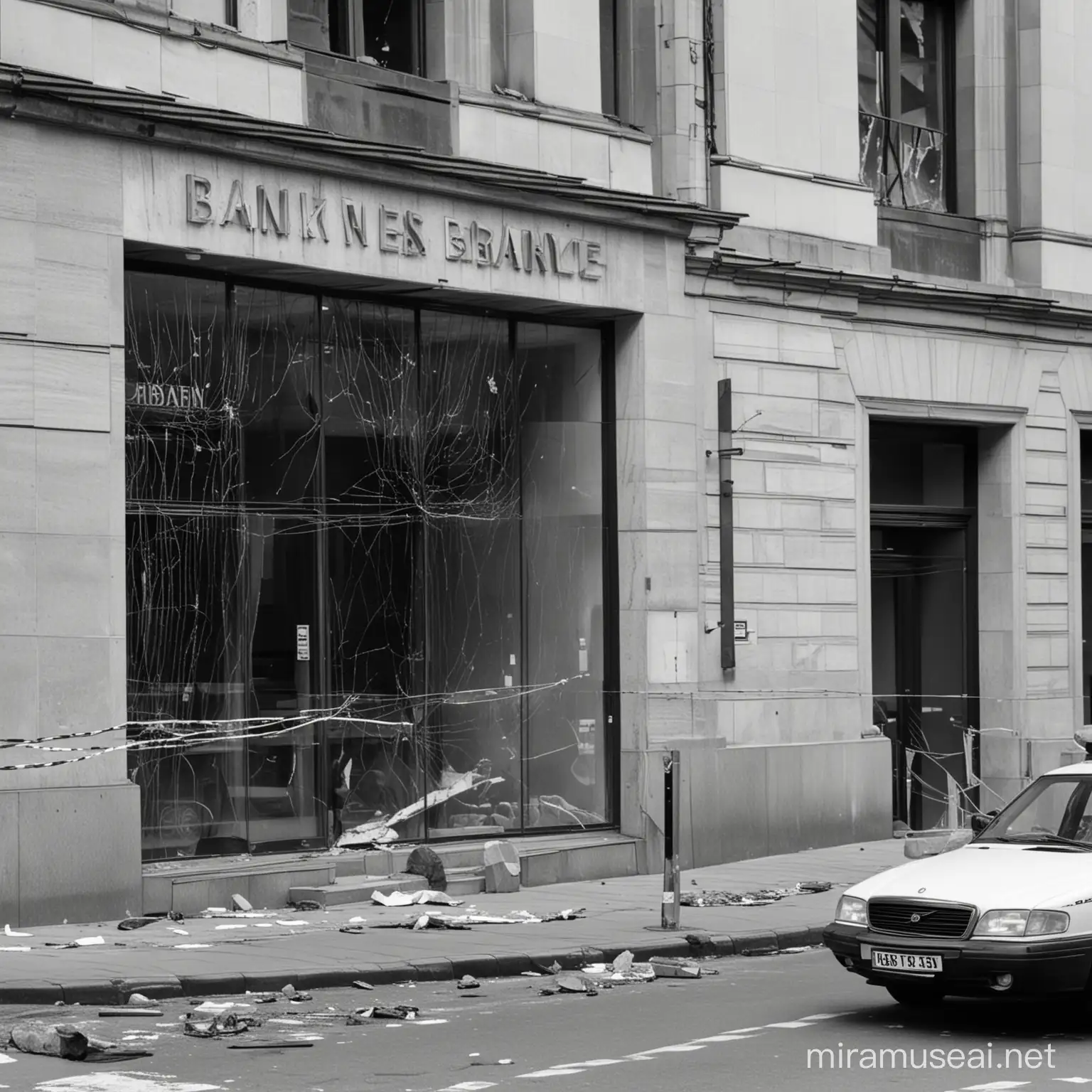 eine Bank, vor der Bank stehen Polizeiautos, alles ist abgesperrt, man sieht durch Glasfenster innen Explosionsspuren, in schwarz weiss